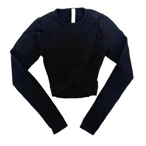 ⭐️ NovaSport Black Ribbed Long Sleeve Cropped Wrap Gym Top w Thumbholes XS Yoga